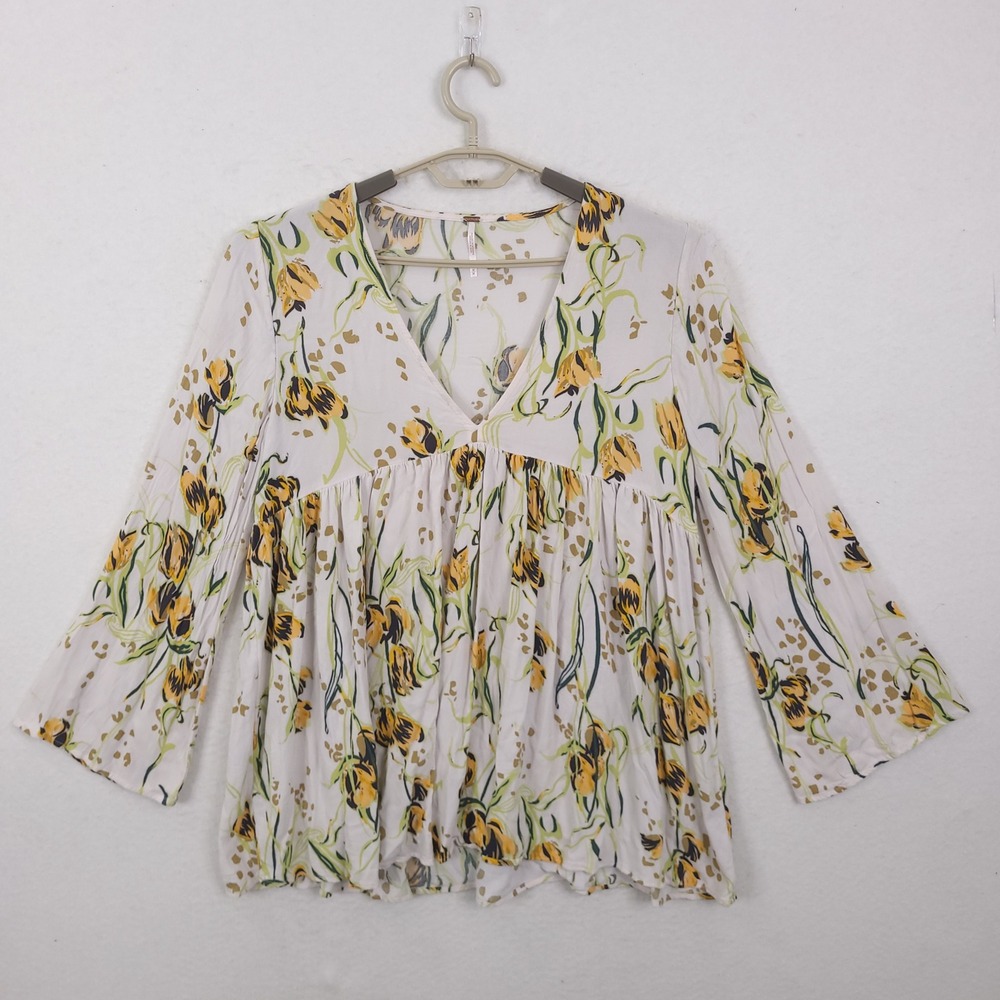 Free People Blouse Womens M White Yellow Tulip Floral Boho Peplum Bell Sleeve